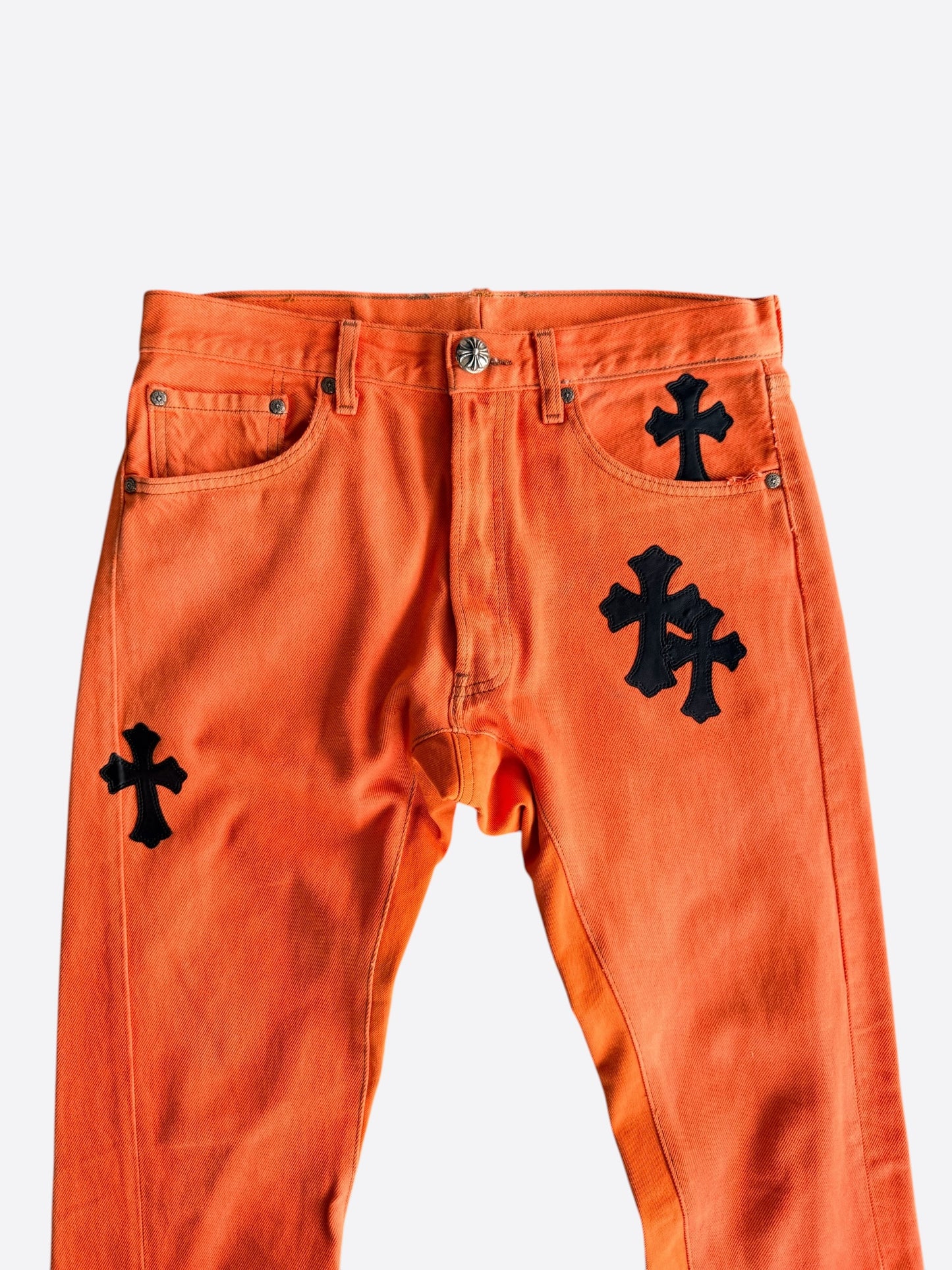 Chrome Hearts Orange & Black Cross Patch Flared Jeans