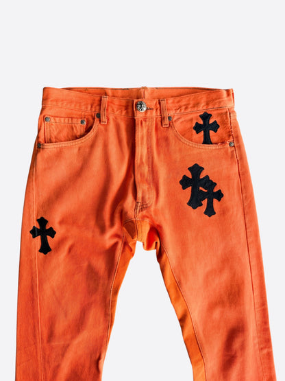 Chrome Hearts Orange & Black Cross Patch Flared Jeans