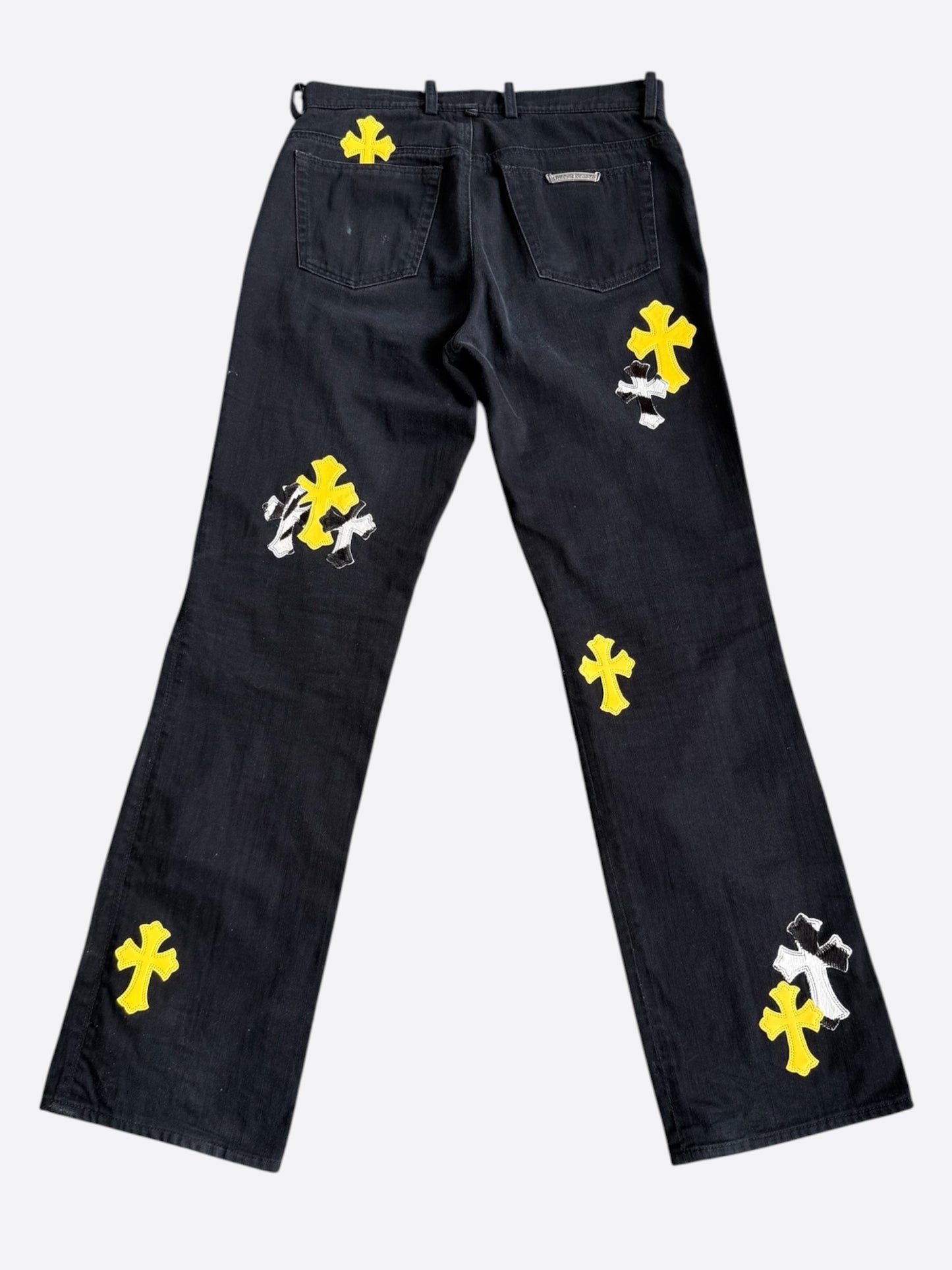Chrome Hearts Black, Cow & Yellow Cross Patch Fleur Jeans