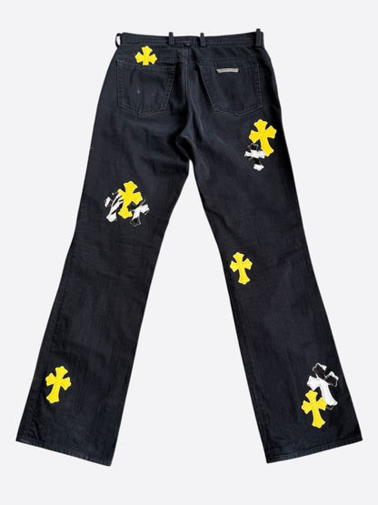 Chrome Hearts Black, Cow & Yellow Cross Patch Fleur Jeans