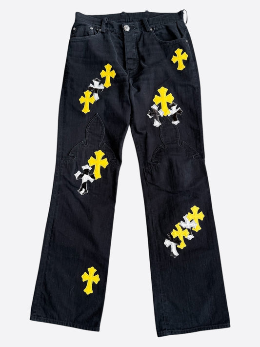 Chrome Hearts Black, Cow & Yellow Cross Patch Fleur Jeans