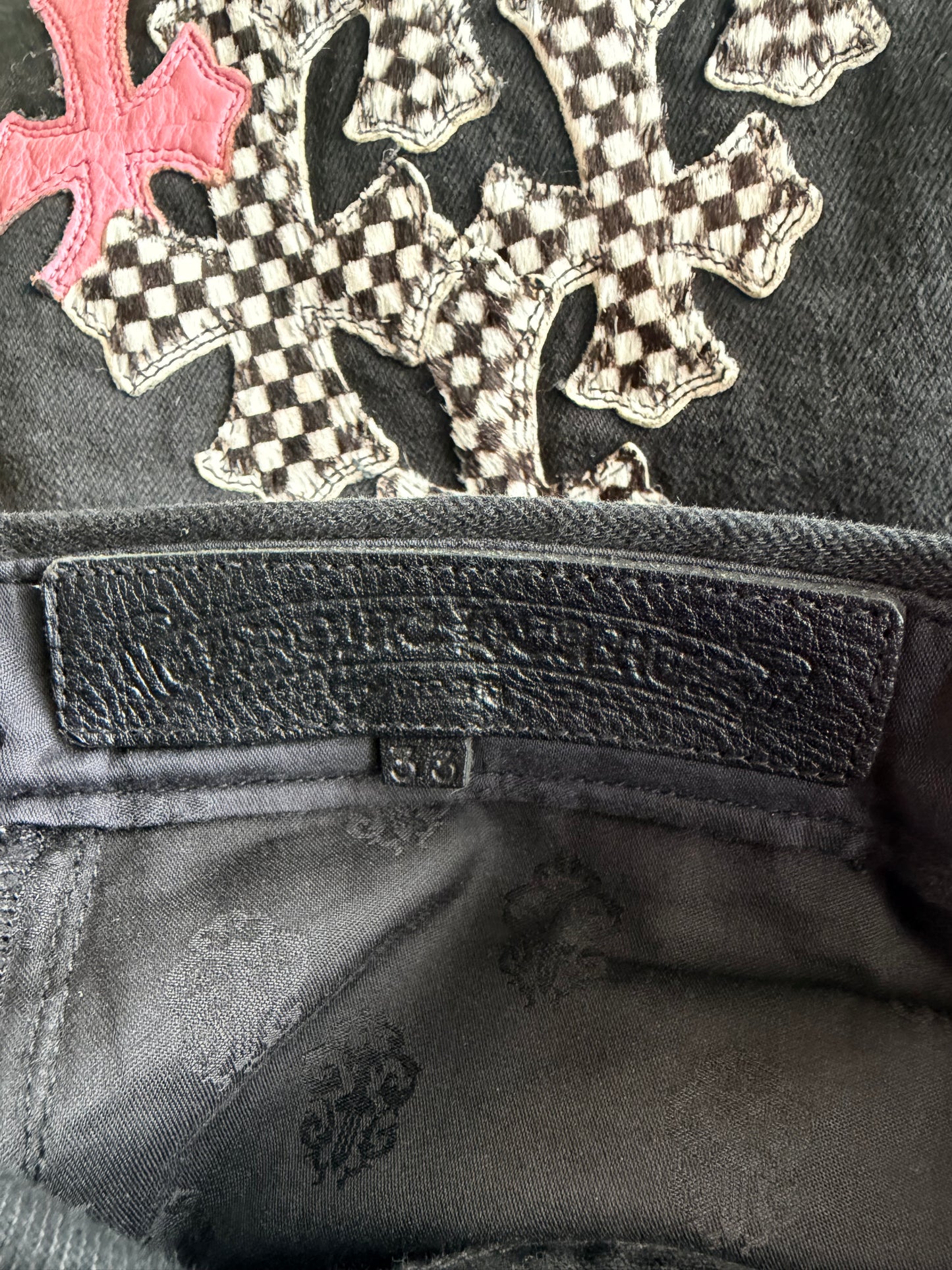 Chrome Hearts Black, Pink & Checkered Cross Patch Fleur Jeans