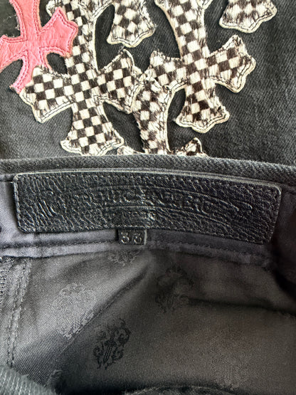 Chrome Hearts Black, Pink & Checkered Cross Patch Fleur Jeans