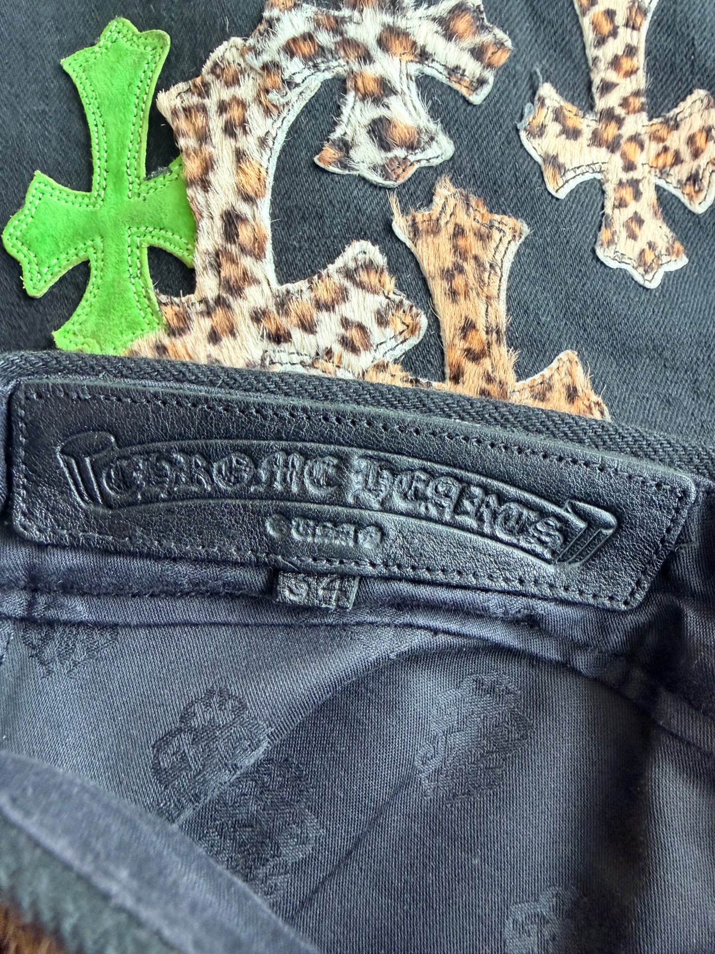 Chrome Hearts Black, Green & Cheetah Cross Patch Jeans