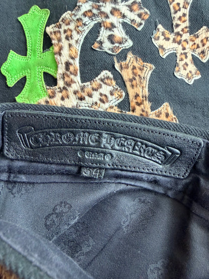 Chrome Hearts Black, Green & Cheetah Cross Patch Jeans