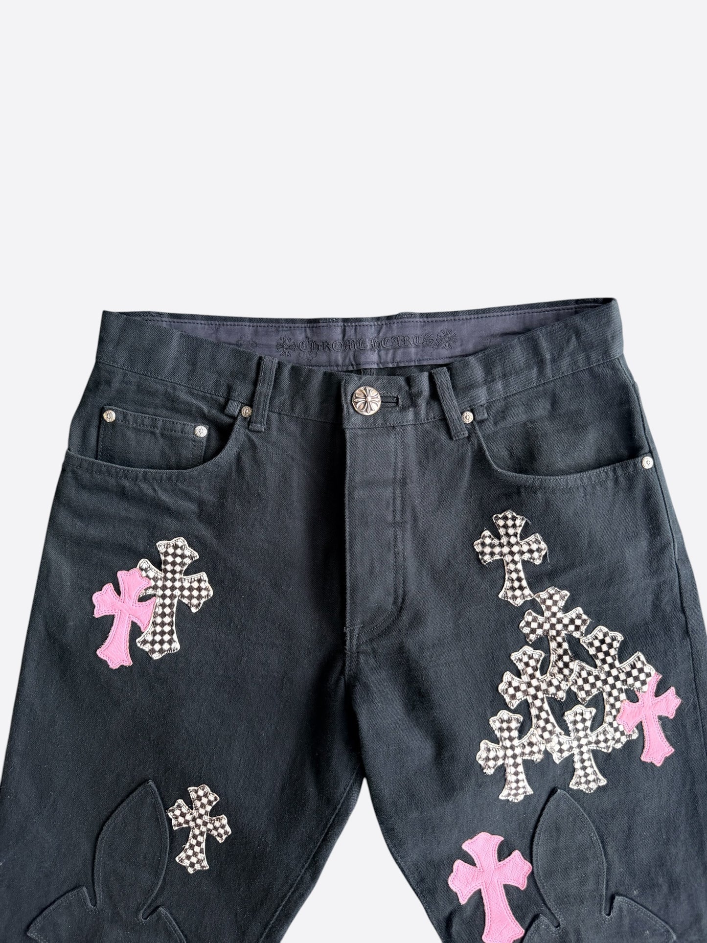 Chrome Hearts Black, Pink & Checkered Cross Patch Fleur Jeans