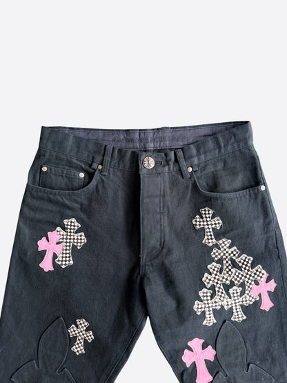 Chrome Hearts Black, Pink & Checkered Cross Patch Fleur Jeans