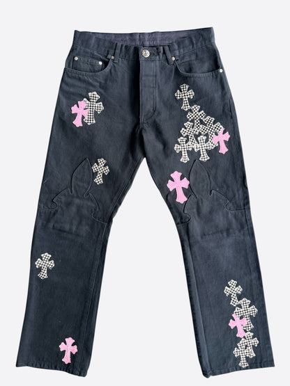 Chrome Hearts Black, Pink & Checkered Cross Patch Fleur Jeans