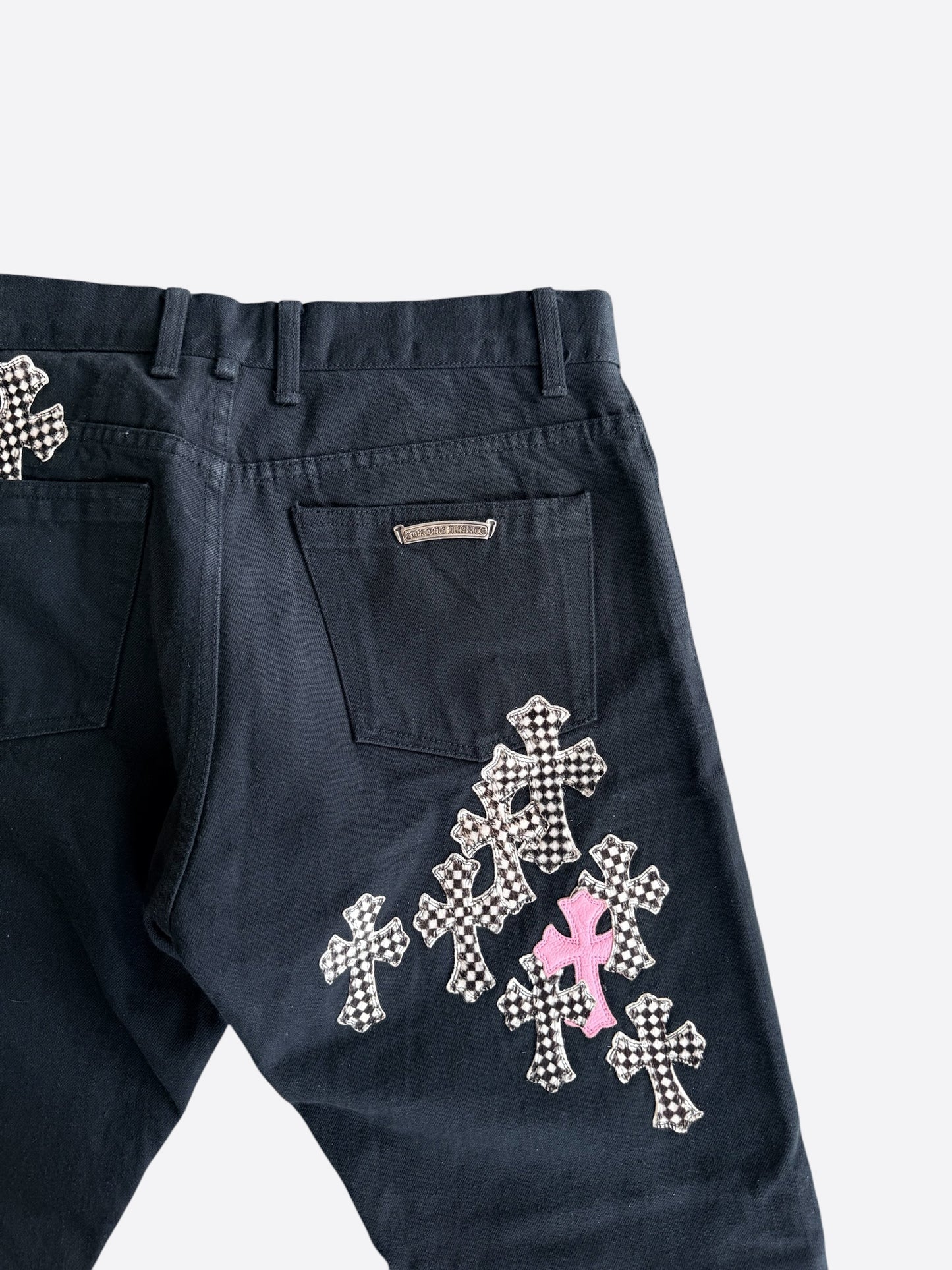 Chrome Hearts Black, Pink & Checkered Cross Patch Fleur Jeans