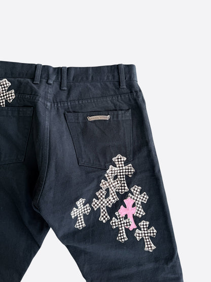 Chrome Hearts Black, Pink & Checkered Cross Patch Fleur Jeans