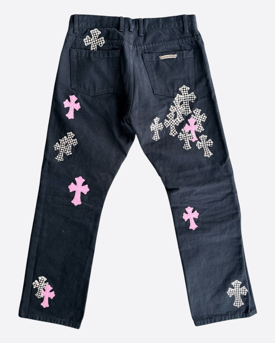 Chrome Hearts Black, Pink & Checkered Cross Patch Fleur Jeans