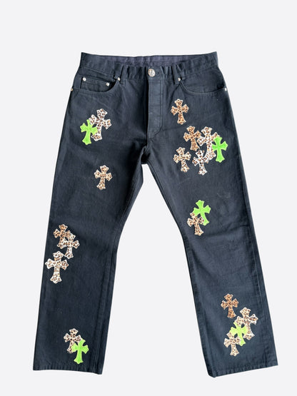 Chrome Hearts Black, Green & Cheetah Cross Patch Jeans