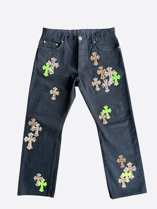 Chrome Hearts Black, Green & Cheetah Cross Patch Jeans
