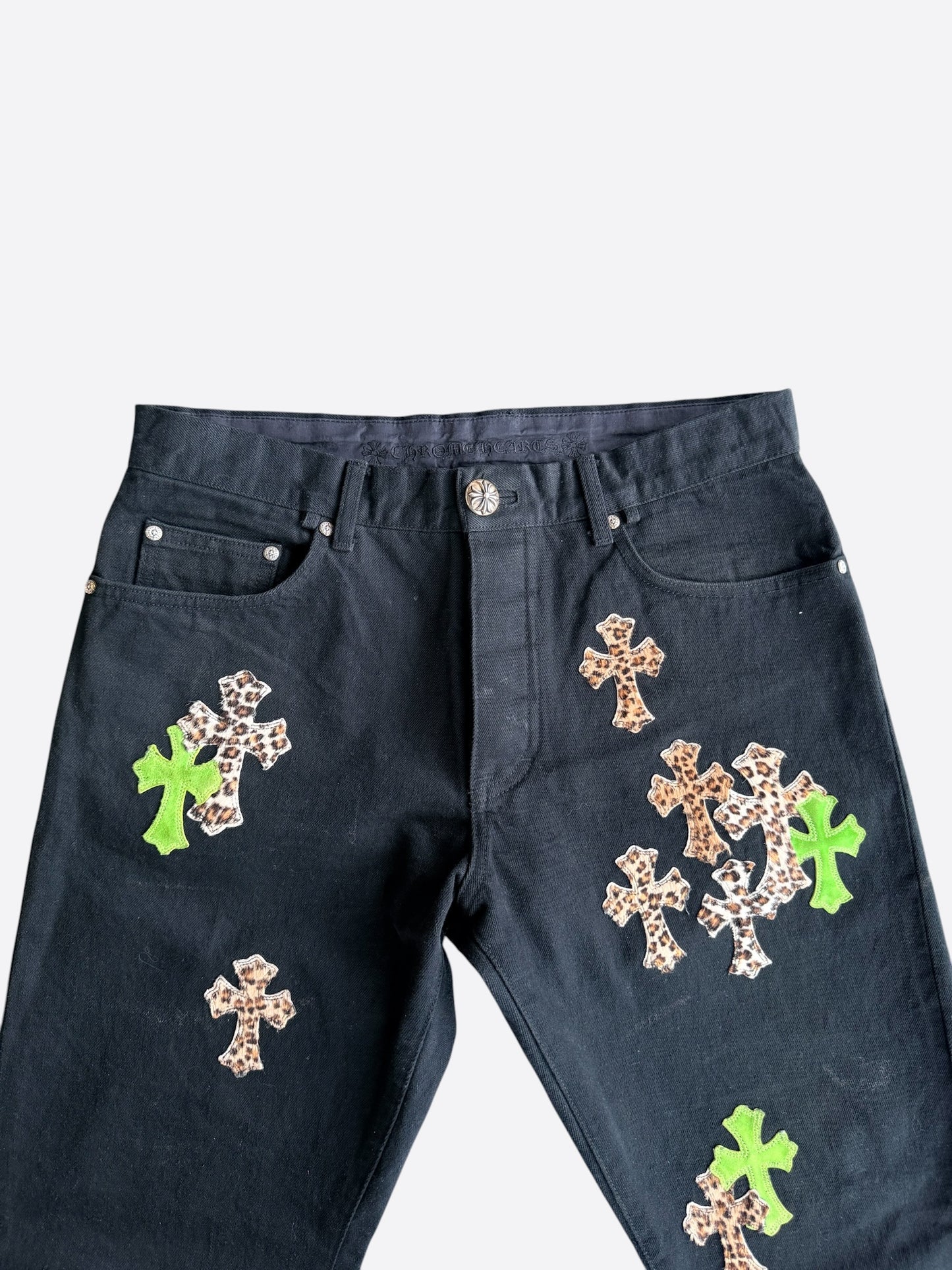 Chrome Hearts Black, Green & Cheetah Cross Patch Jeans