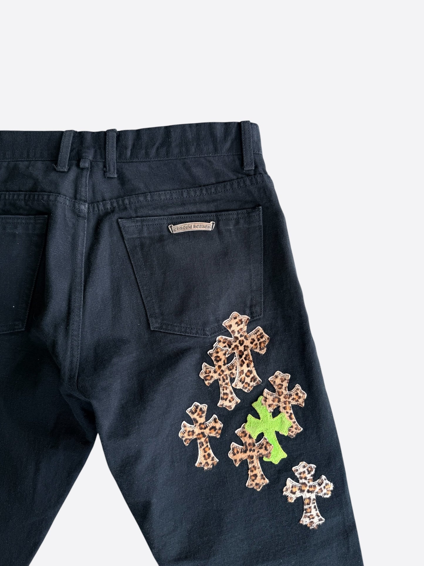 Chrome Hearts Black, Green & Cheetah Cross Patch Jeans