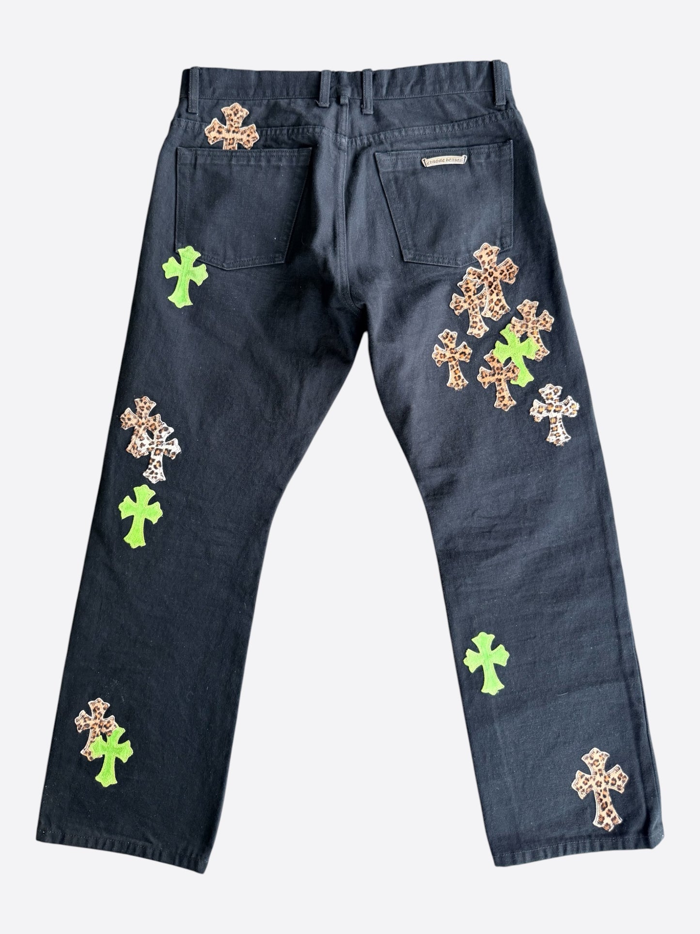 Chrome Hearts Black, Green & Cheetah Cross Patch Jeans
