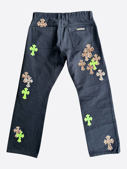 Chrome Hearts Black, Green & Cheetah Cross Patch Jeans