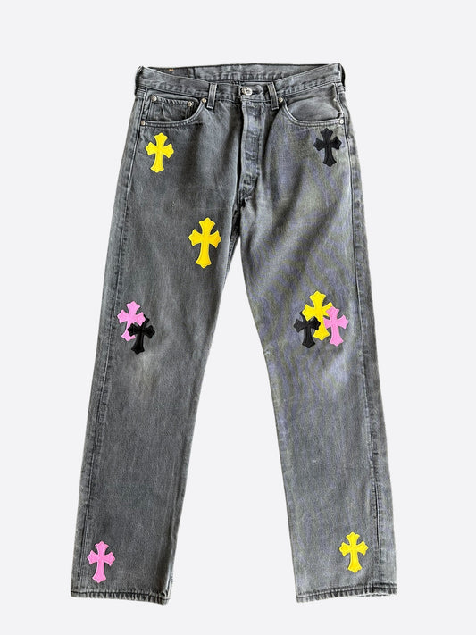 Chrome Hearts Levis Grey, Yellow & Pink London Patch Jeans