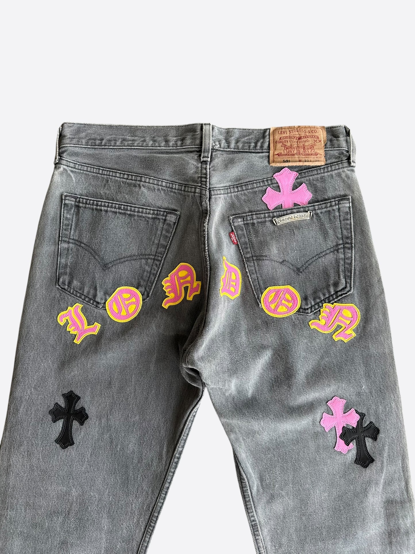 Chrome Hearts Levis Grey, Yellow & Pink London Patch Jeans