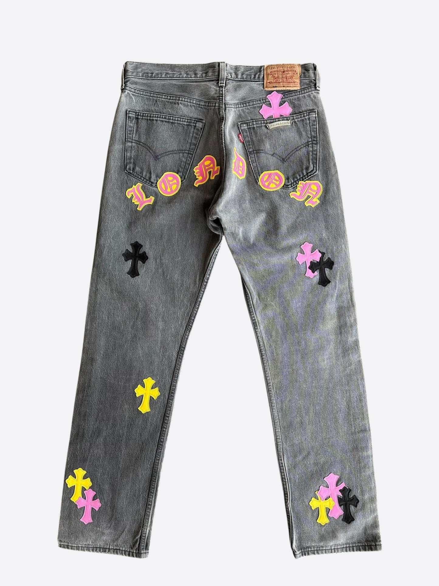 Chrome Hearts Levis Grey, Yellow & Pink London Patch Jeans