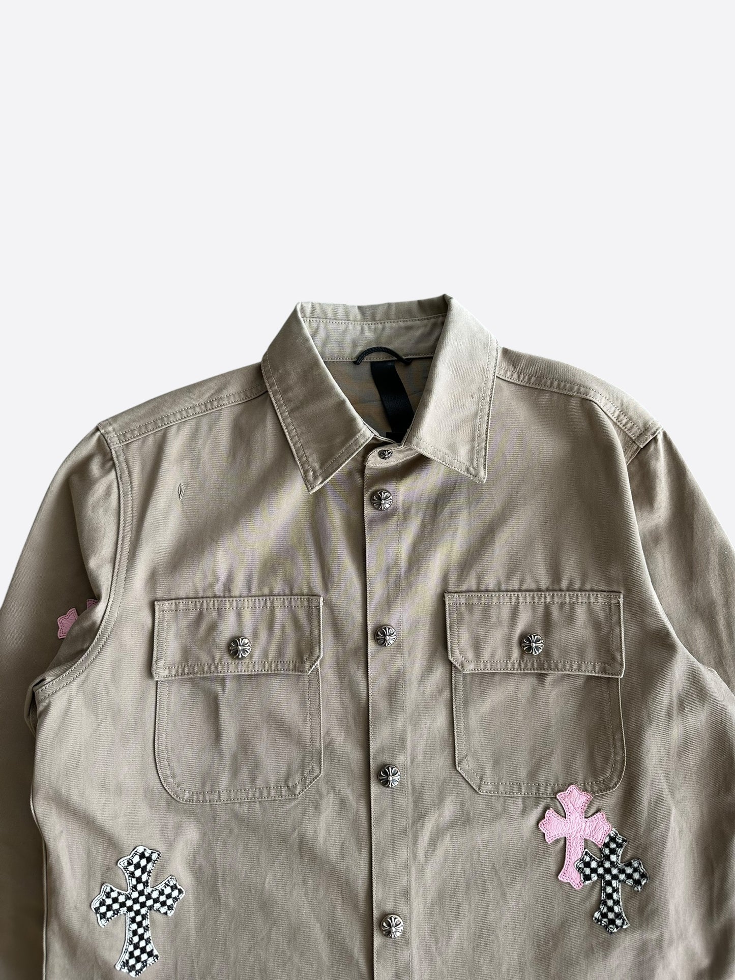 Chrome Hearts Tan, Pink & Checkered Cross Patch Work Dog Jacket