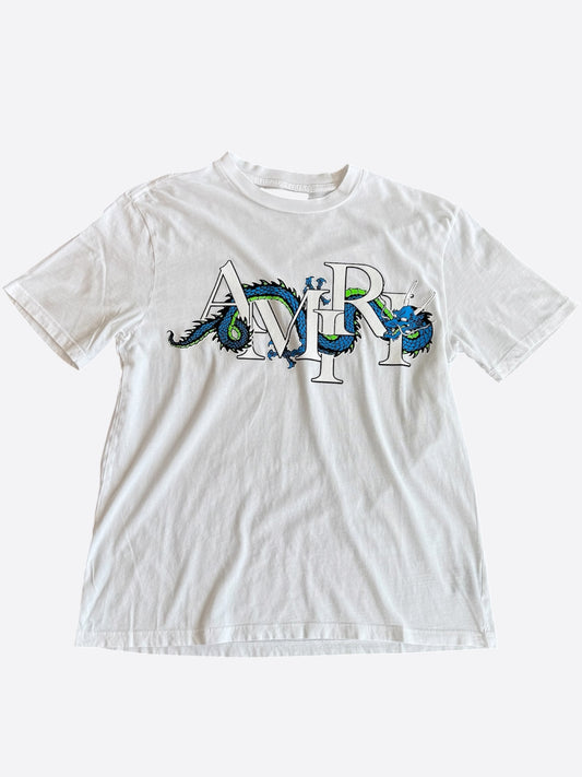 Amiri White & Blue Dragon Logo T-Shirt