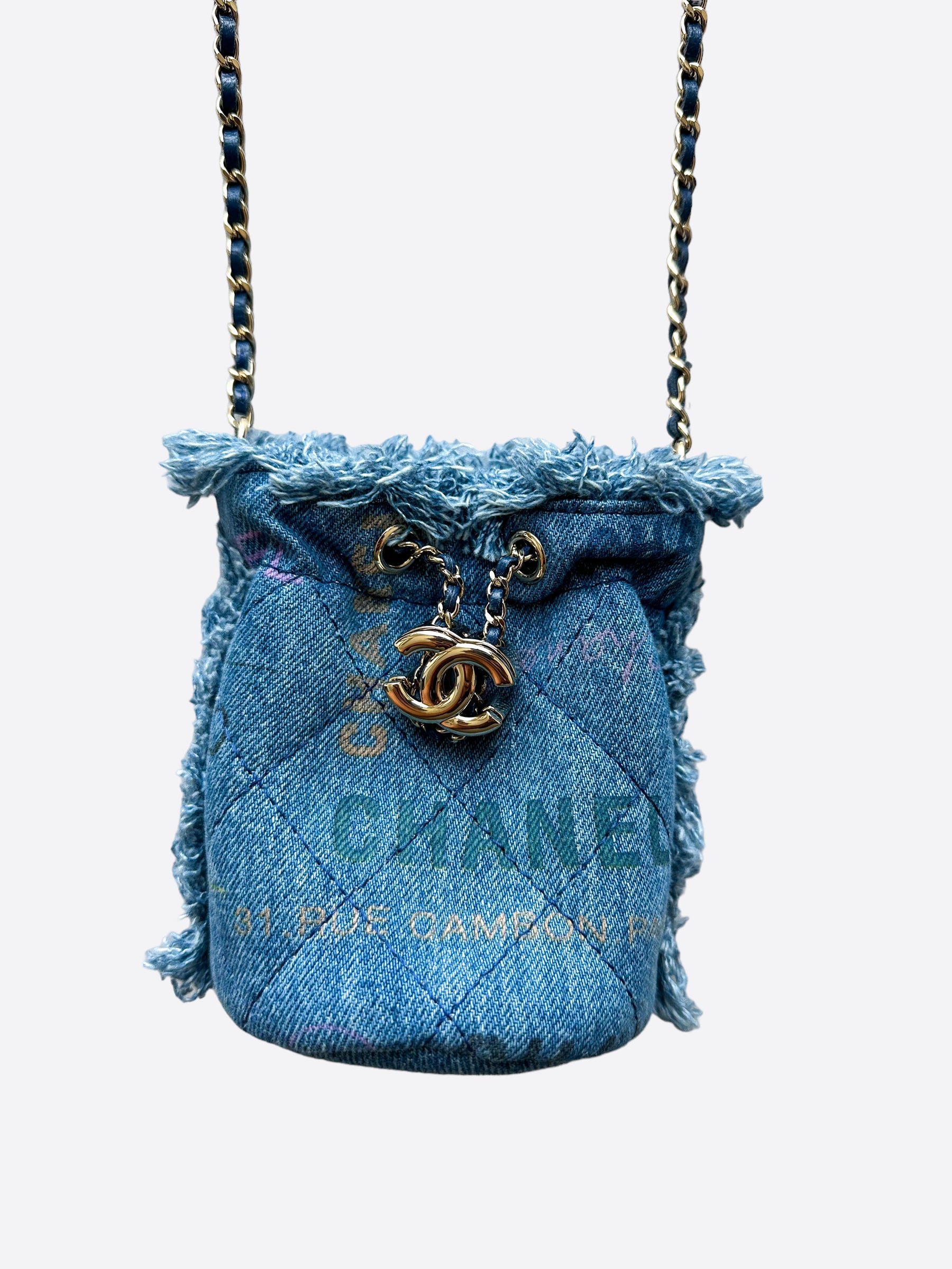 Chanel Denim Mood Chain Bucket Bag Logo Printed Quilted Fringe Denim Mini  Blue 1699041