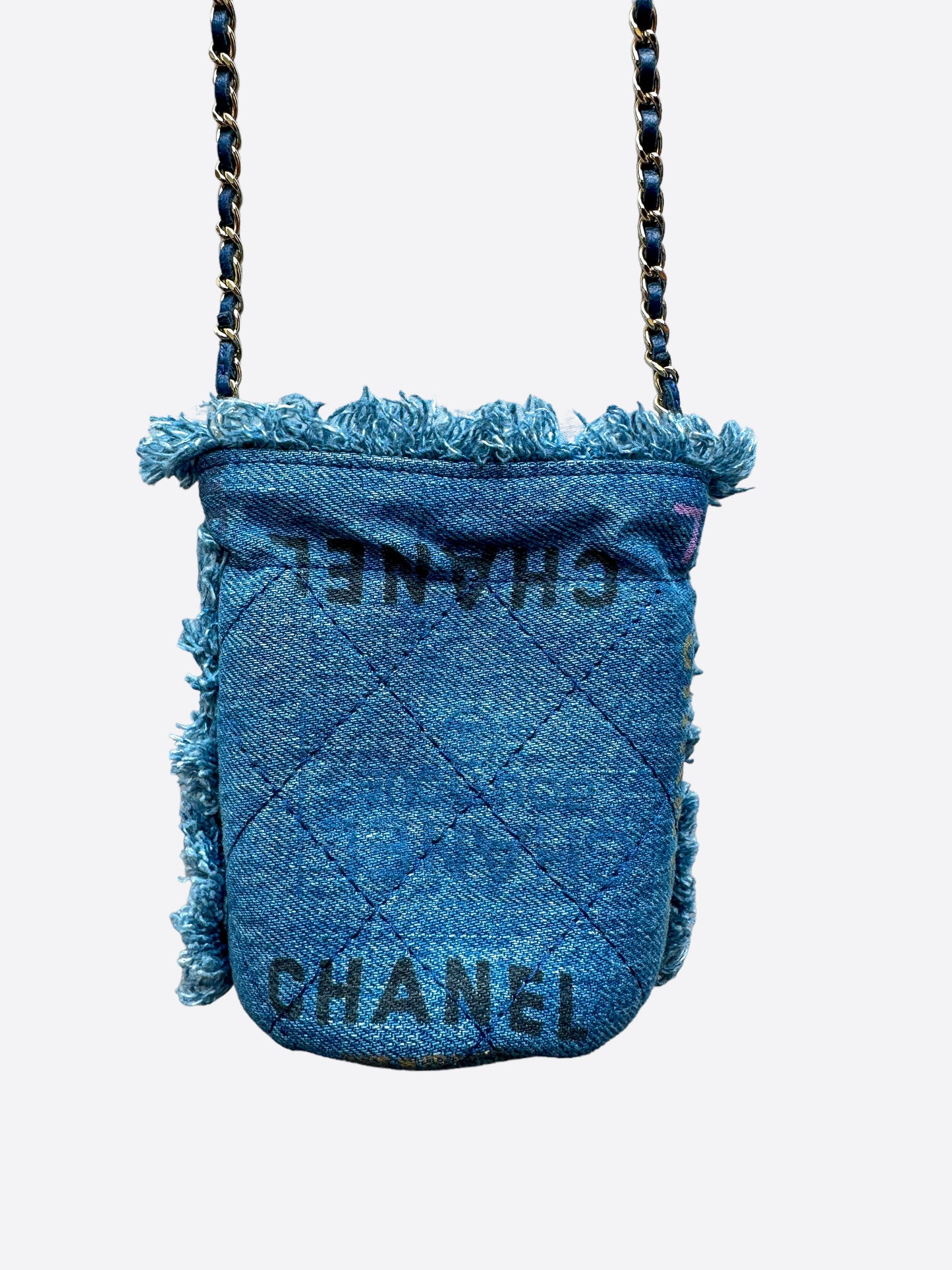 Chanel Drawstring Bucket Bag Mini, Black Denim with Imprints, New