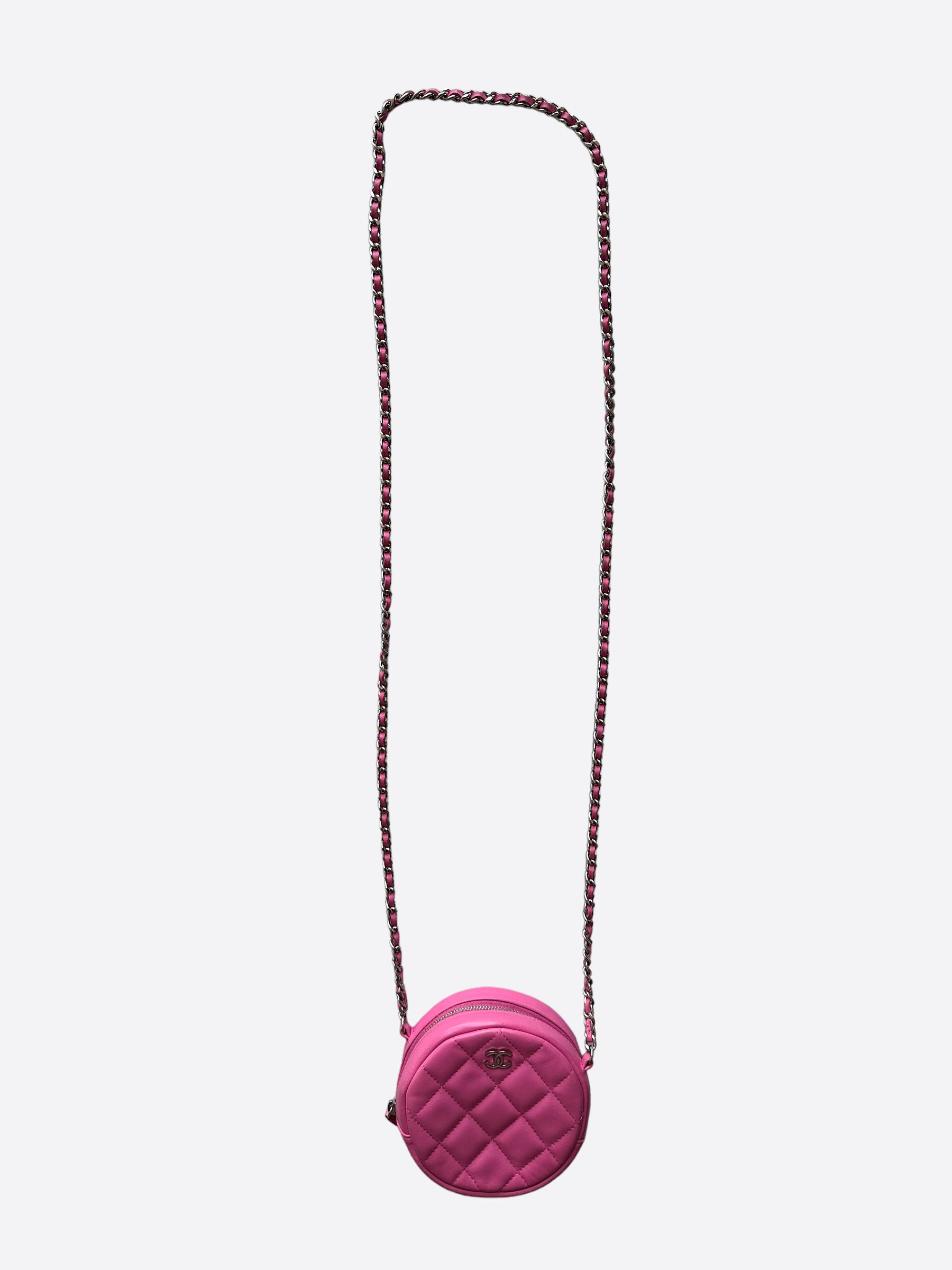 Chanel Pink Quilted Leather Round Pouch On Chain