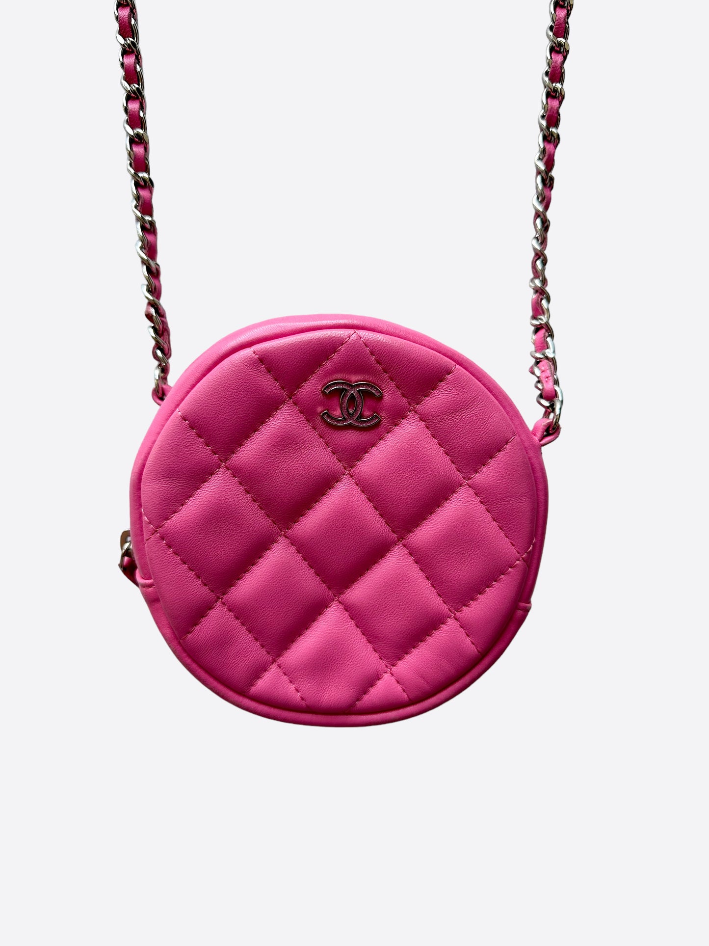 Chanel Pink Quilted Leather Round Pouch On Chain