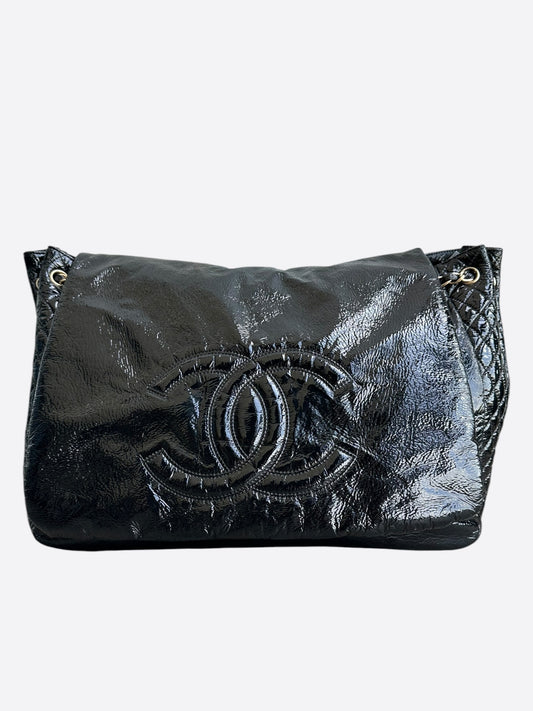 Chanel Black Patent Quilted Rock & Chain XL Flap Bag