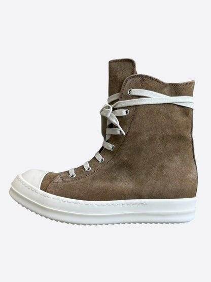Rick Owens Brown & White Suede High Top Sneakers