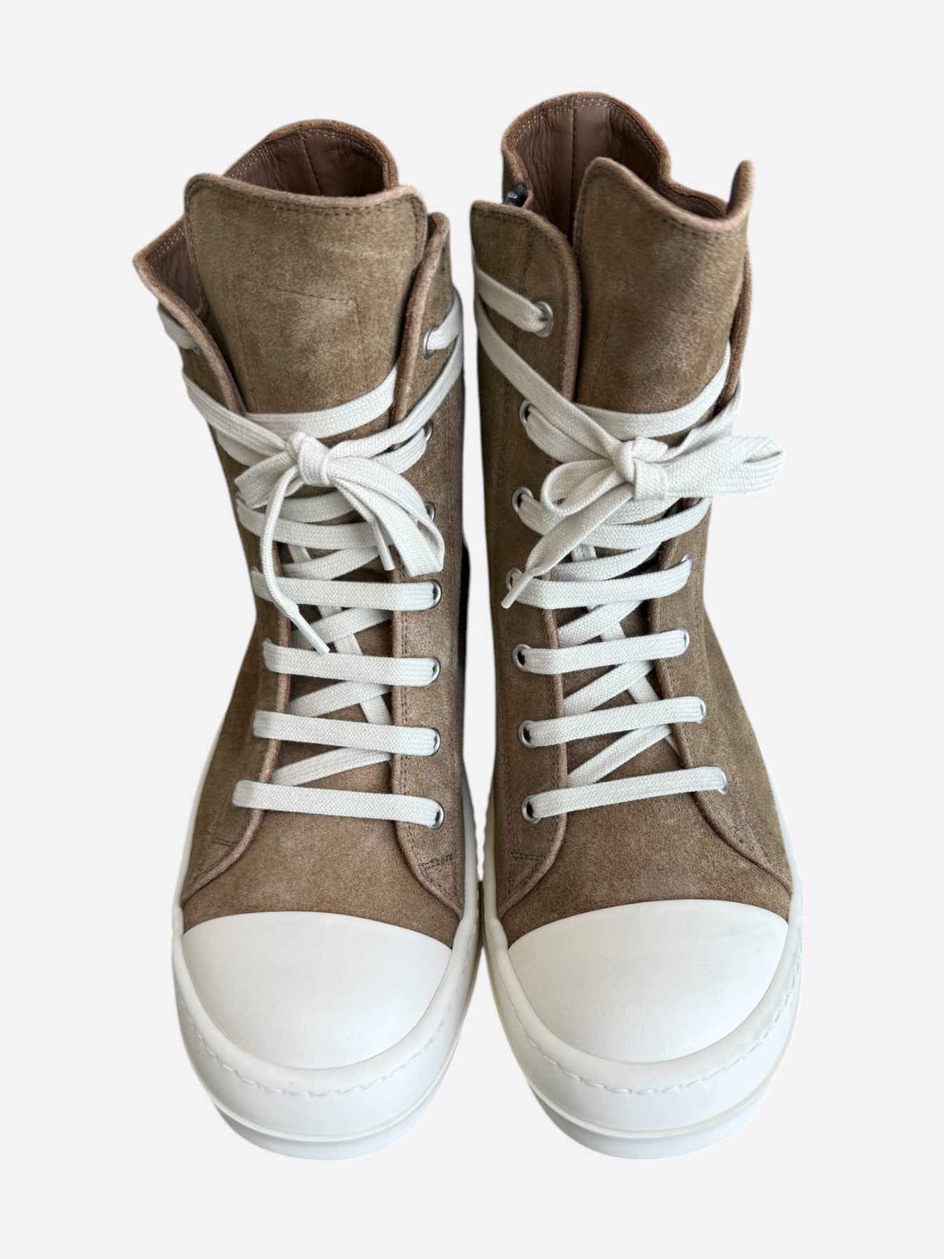 Rick Owens Brown & White Suede High Top Sneakers