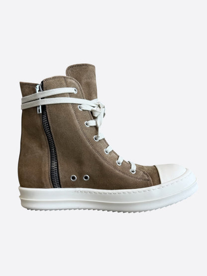 Rick Owens Brown & White Suede High Top Sneakers