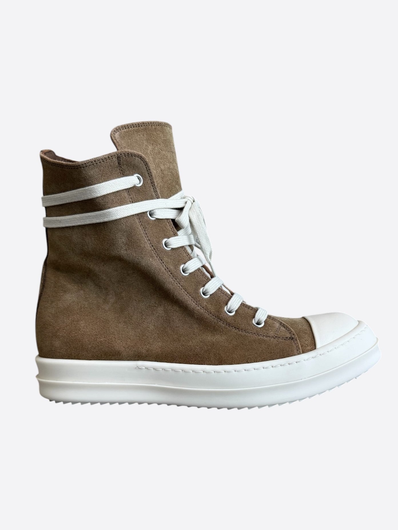Rick Owens Brown & White Suede High Top Sneakers