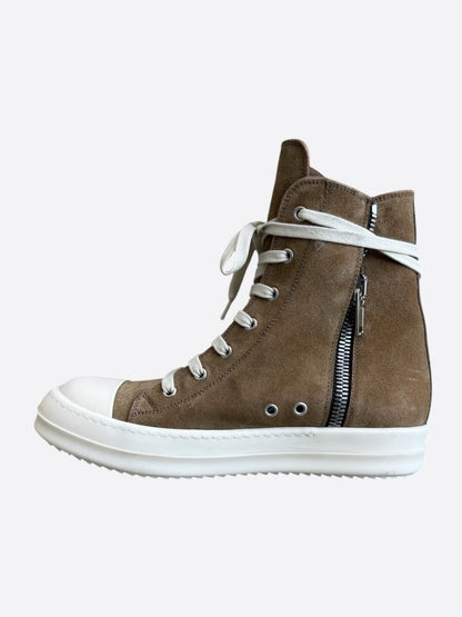 Rick Owens Brown & White Suede High Top Sneakers