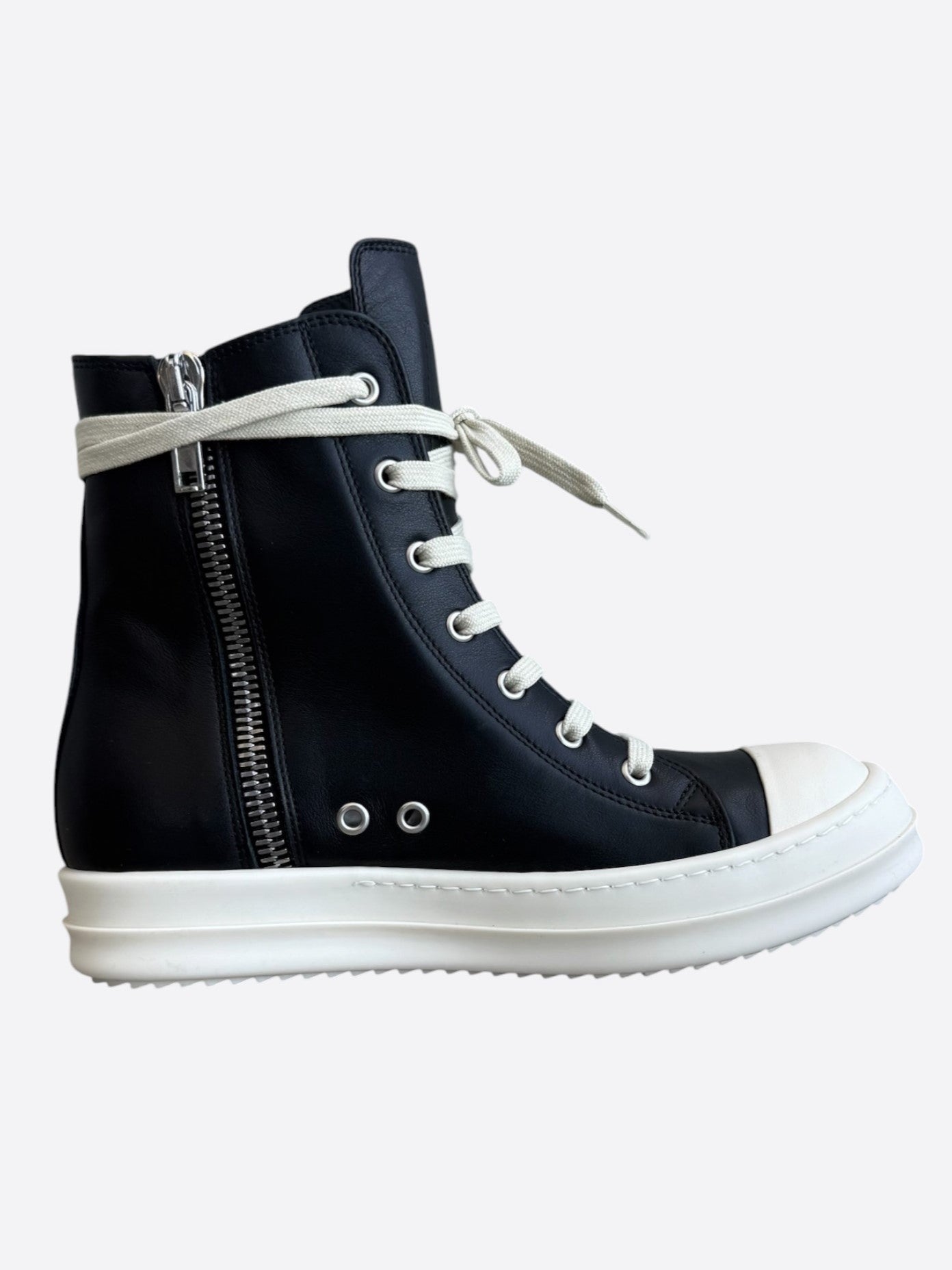 Rick Owens Black & White Leather Women's High Top Sneakers