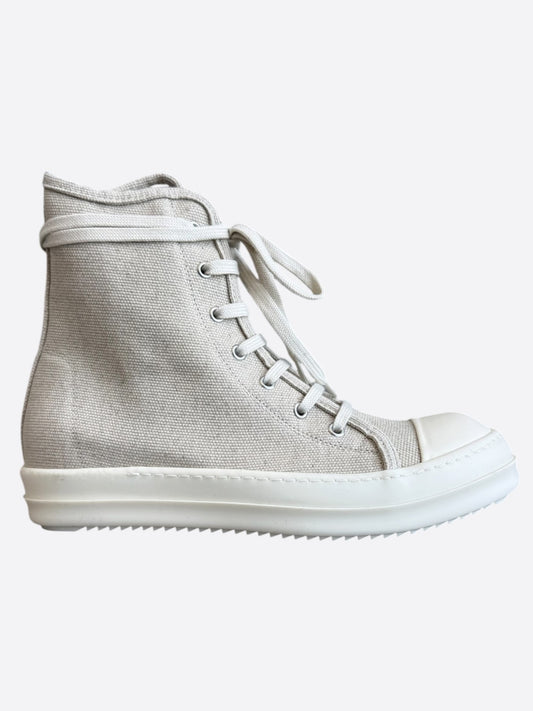 Rick Owens Beige & White Canvas High Top Sneakers
