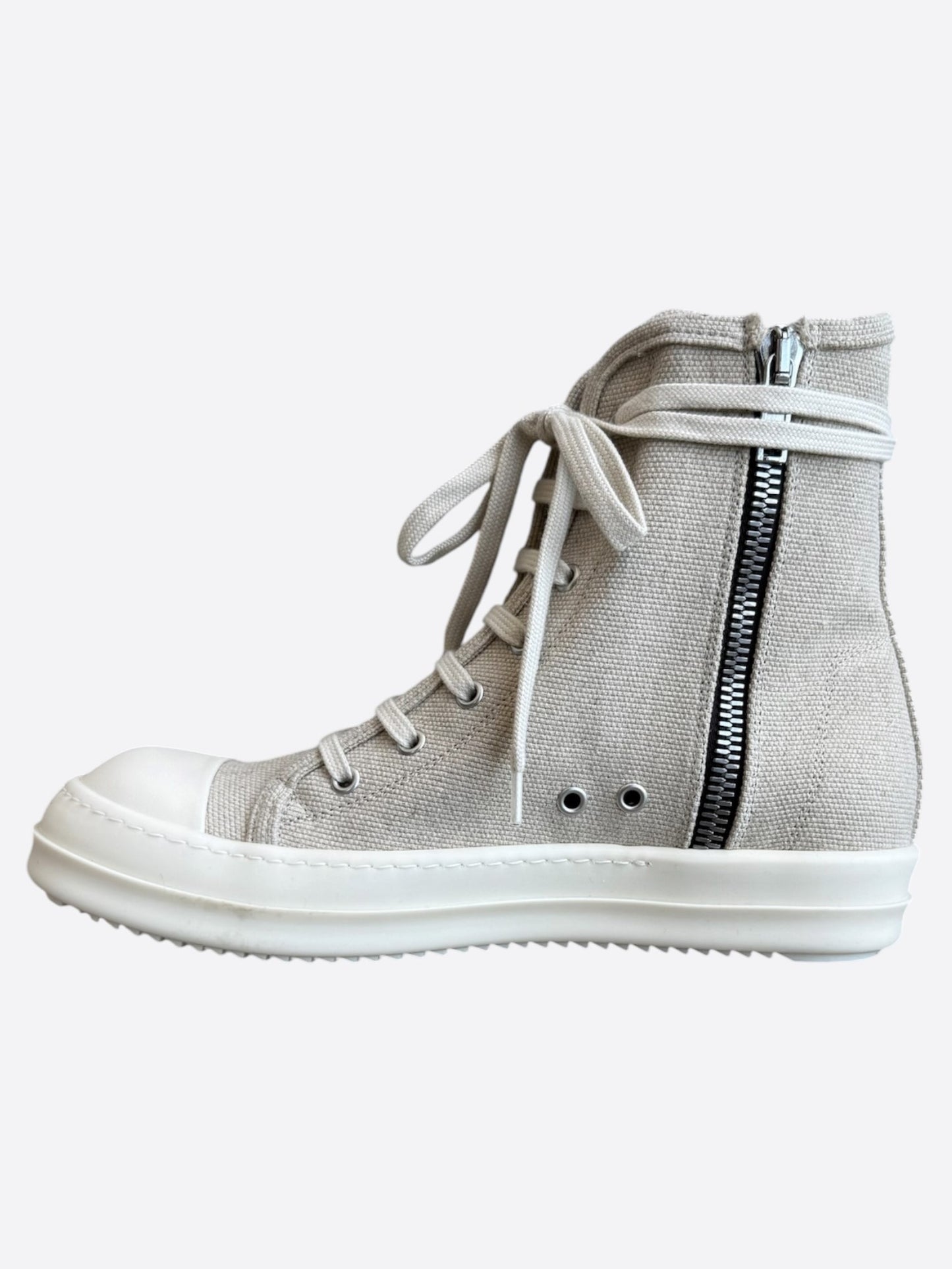 Rick Owens Beige & White Canvas High Top Sneakers