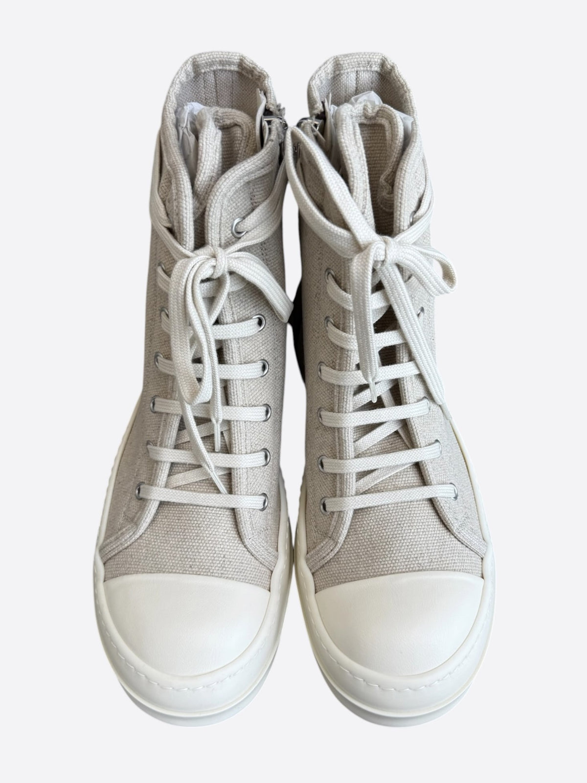 Rick Owens Beige & White Canvas High Top Sneakers
