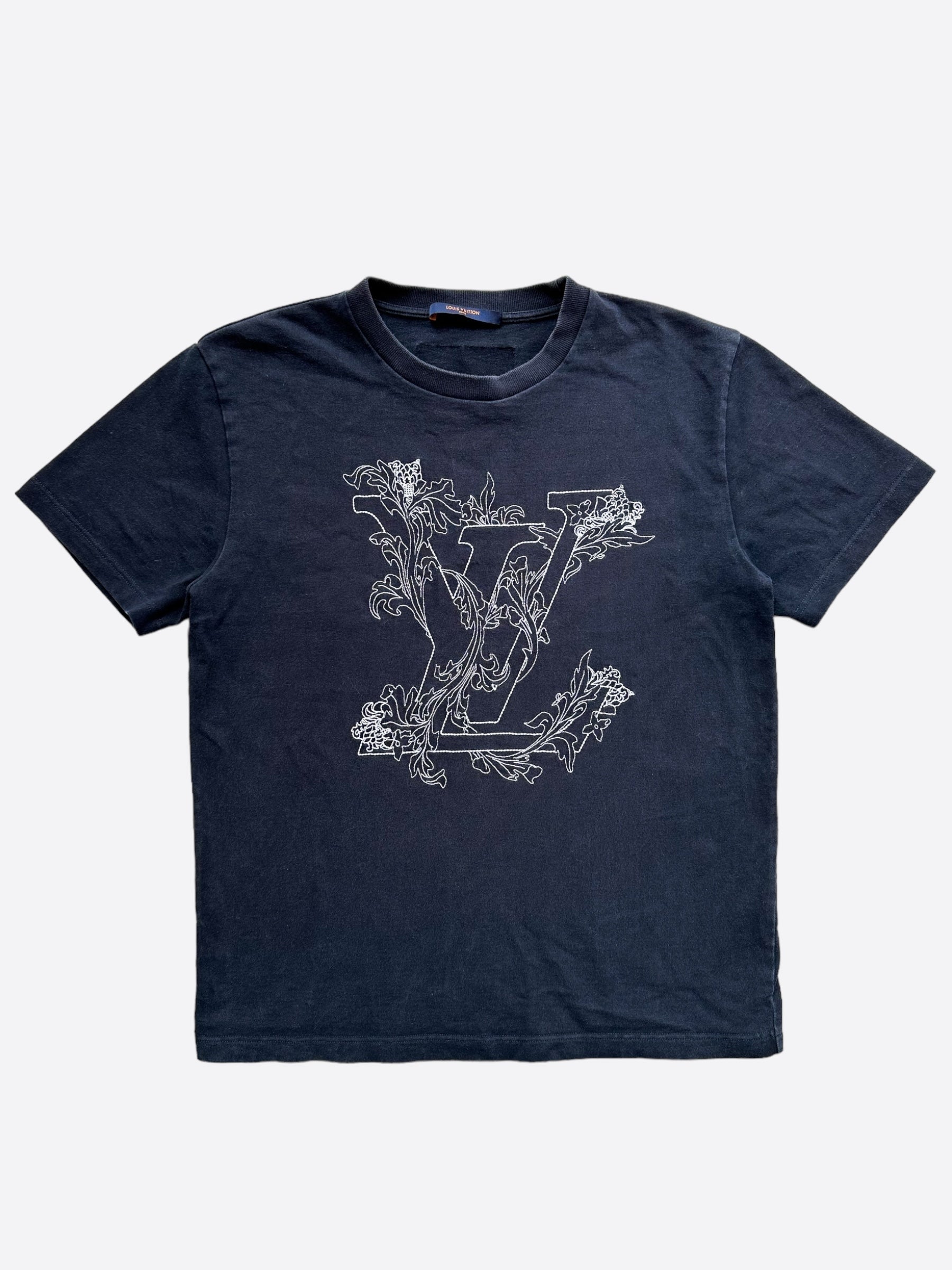 Louis Vuitton Navy & White Embroidered Flowers Logo T-Shirt