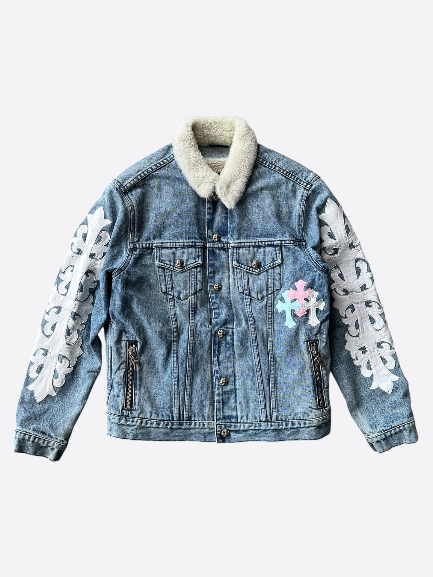 Chrome Hearts Levis Blue & Multicolor Cross Patch Denim Sherpa Jacket