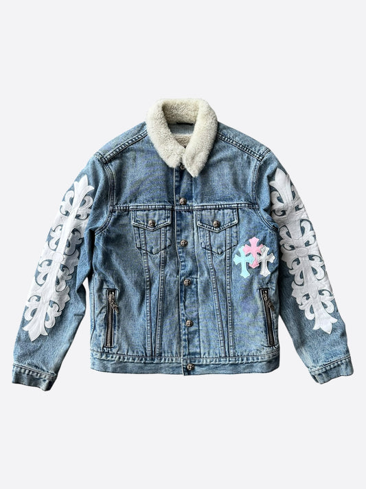 Chrome Hearts Levis Blue & Multicolor Cross Patch Denim Sherpa Jacket