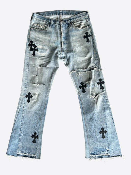 Chrome Hearts Levis Blue & Black Cross Patch Flared Jeans