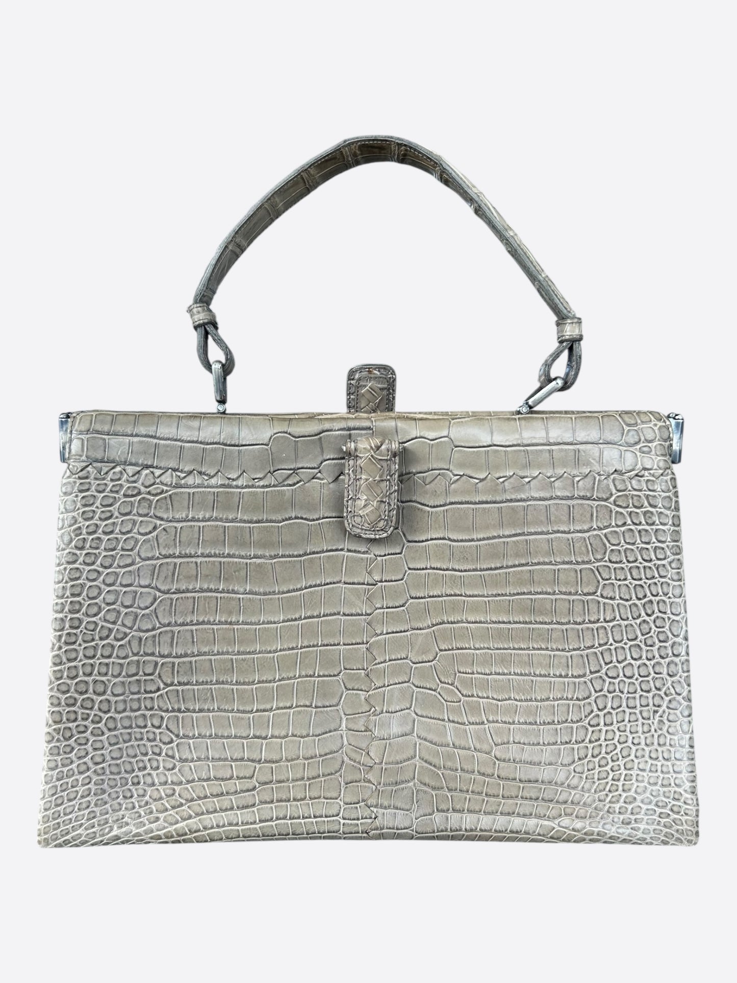 Bottega Veneta Beige Frame Crocodile Top Handle Bag