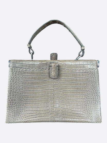 Bottega Veneta Beige Frame Crocodile Top Handle Bag