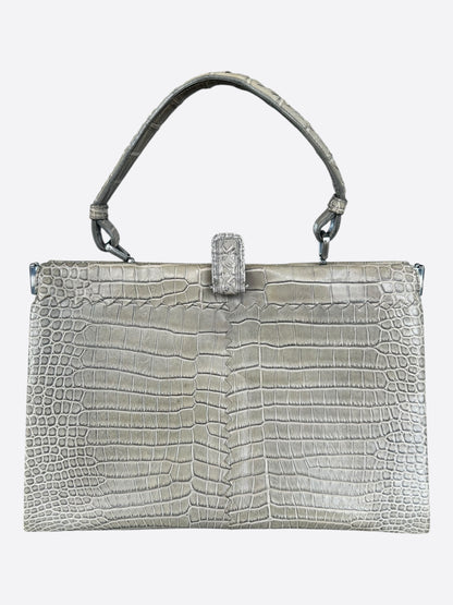 Bottega Veneta Beige Frame Crocodile Top Handle Bag