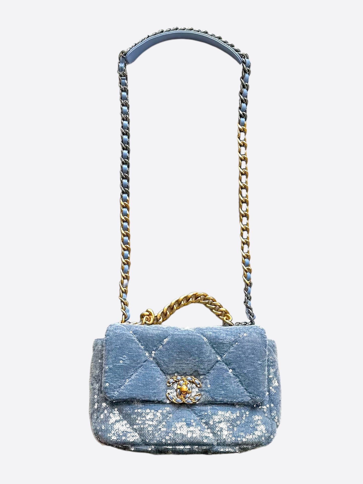 Chanel Light Blue Quilted Sequin Medium 19 Flap Bag