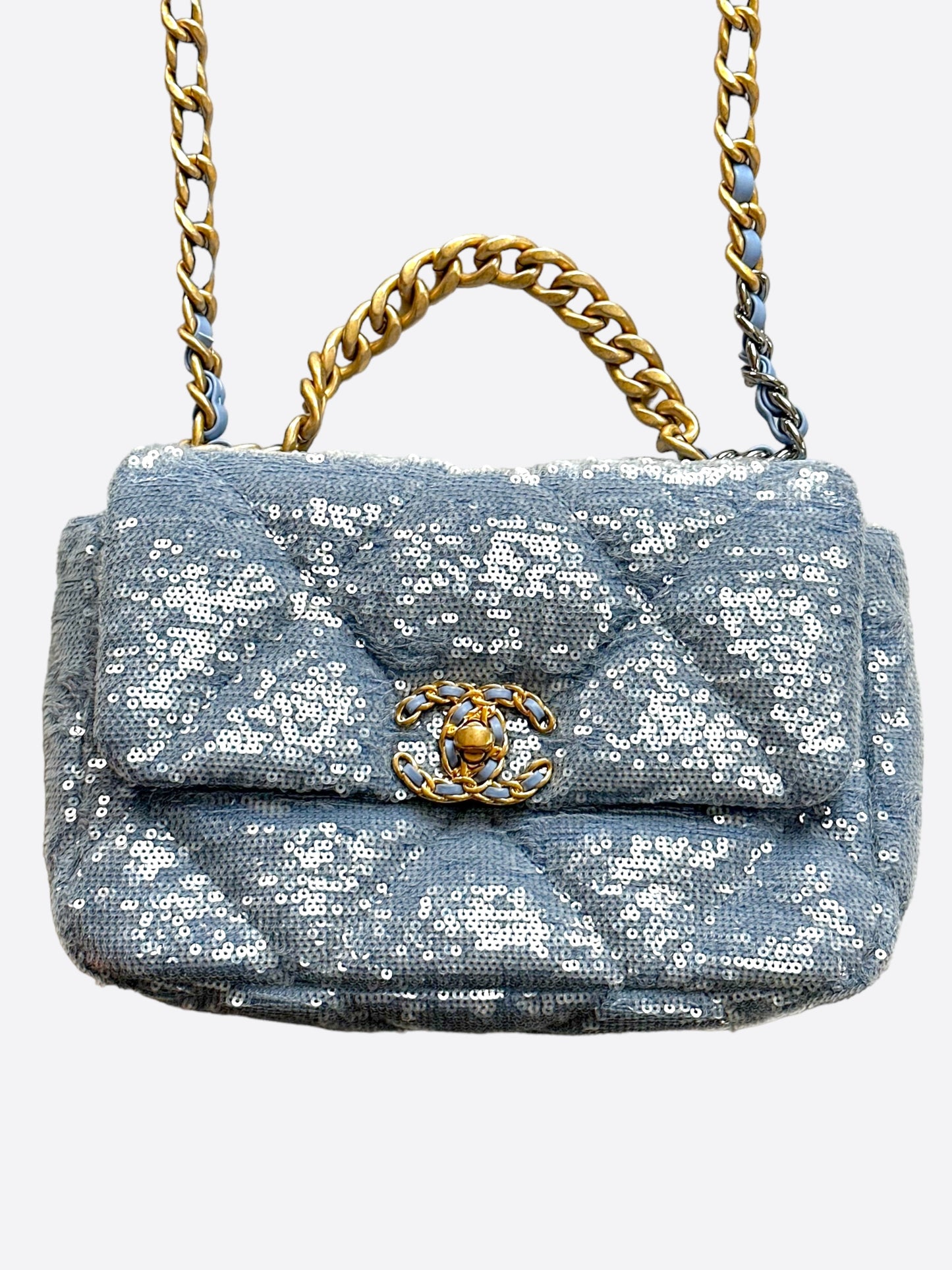 Chanel Light Blue Quilted Sequin Medium 19 Flap Bag