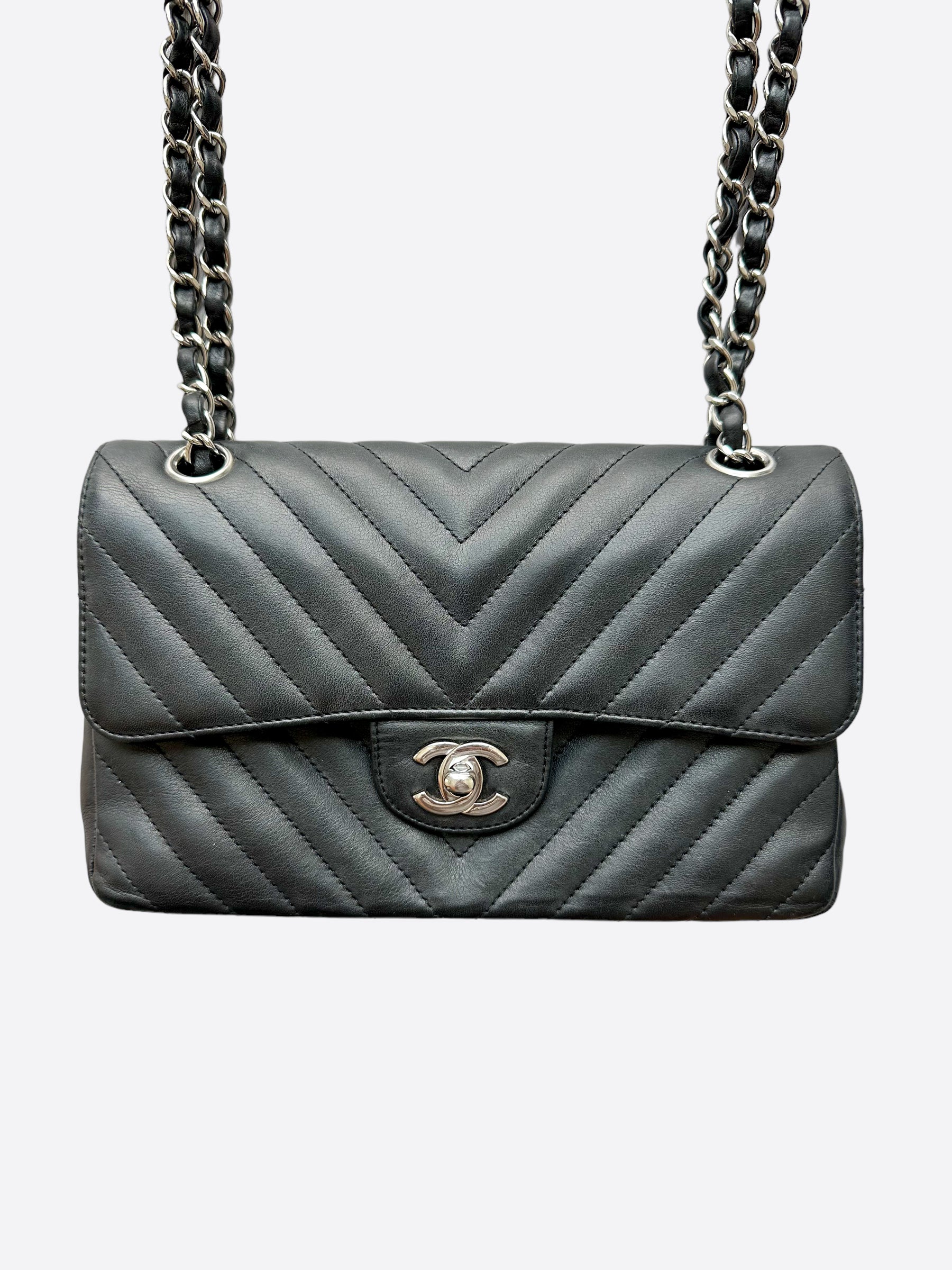 CHANEL, Bags, Chanel Lambskin Chevron Quilted Mini Flap So Black